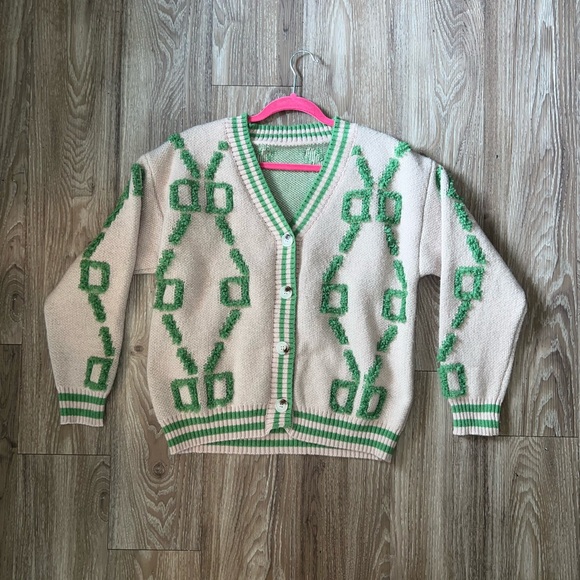 Green and Cream Women's Cardigan - Picture 4 of 8